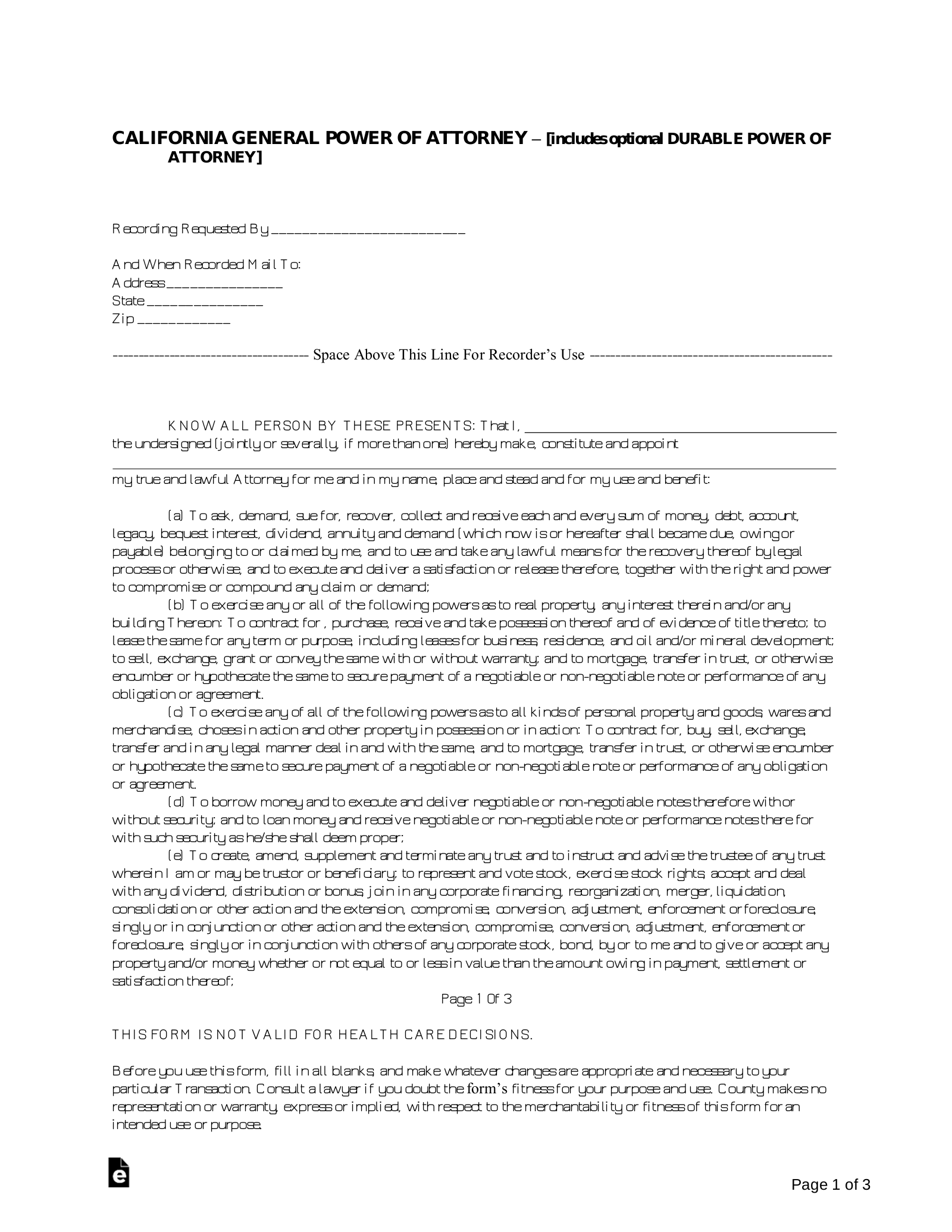 Free California General Financial Power Of Attorney Form PDF Word 