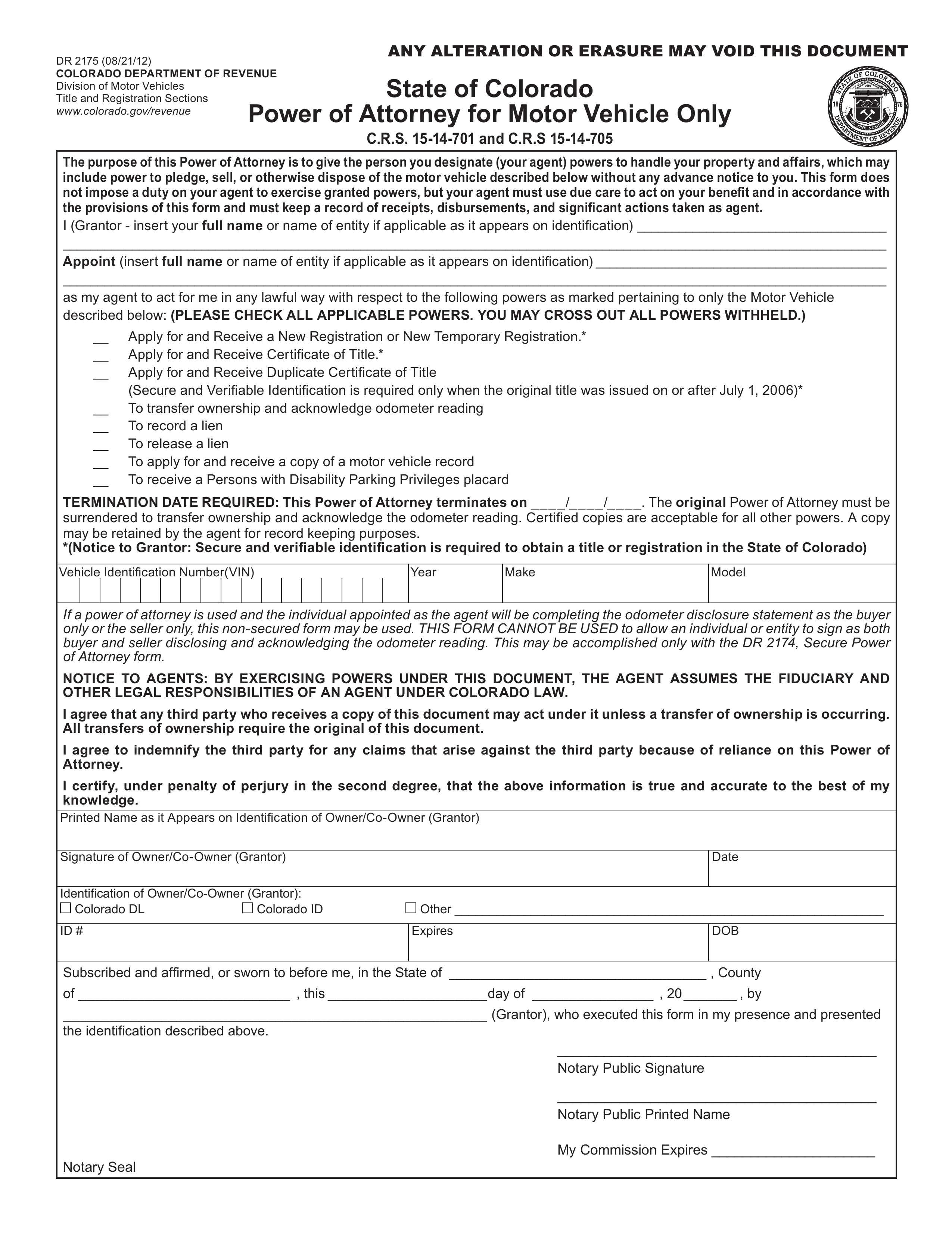 Colorado Motor Vehicle Power of Attorney (Form DR 2175)