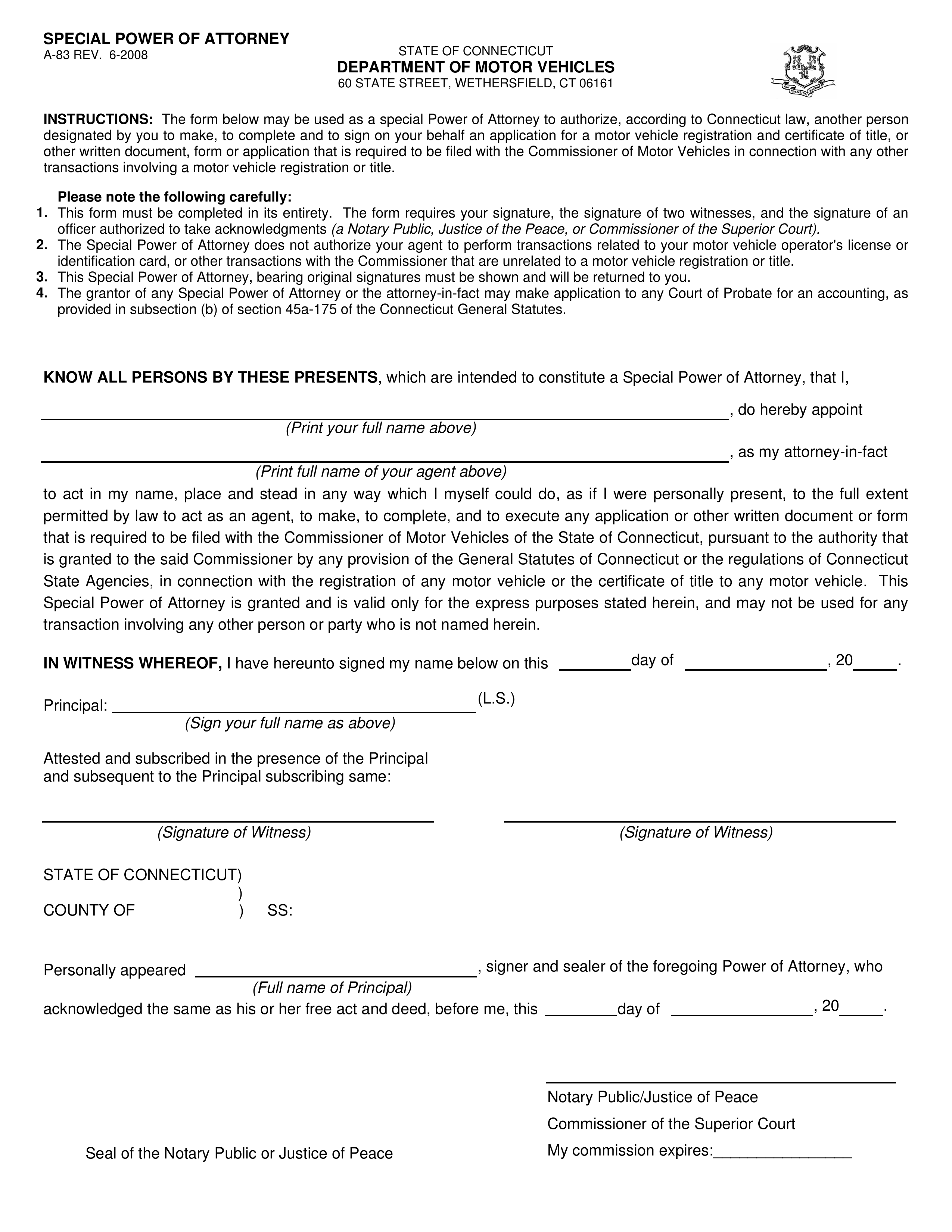 Connecticut Motor Vehicle Power of Attorney (Form A-83)
