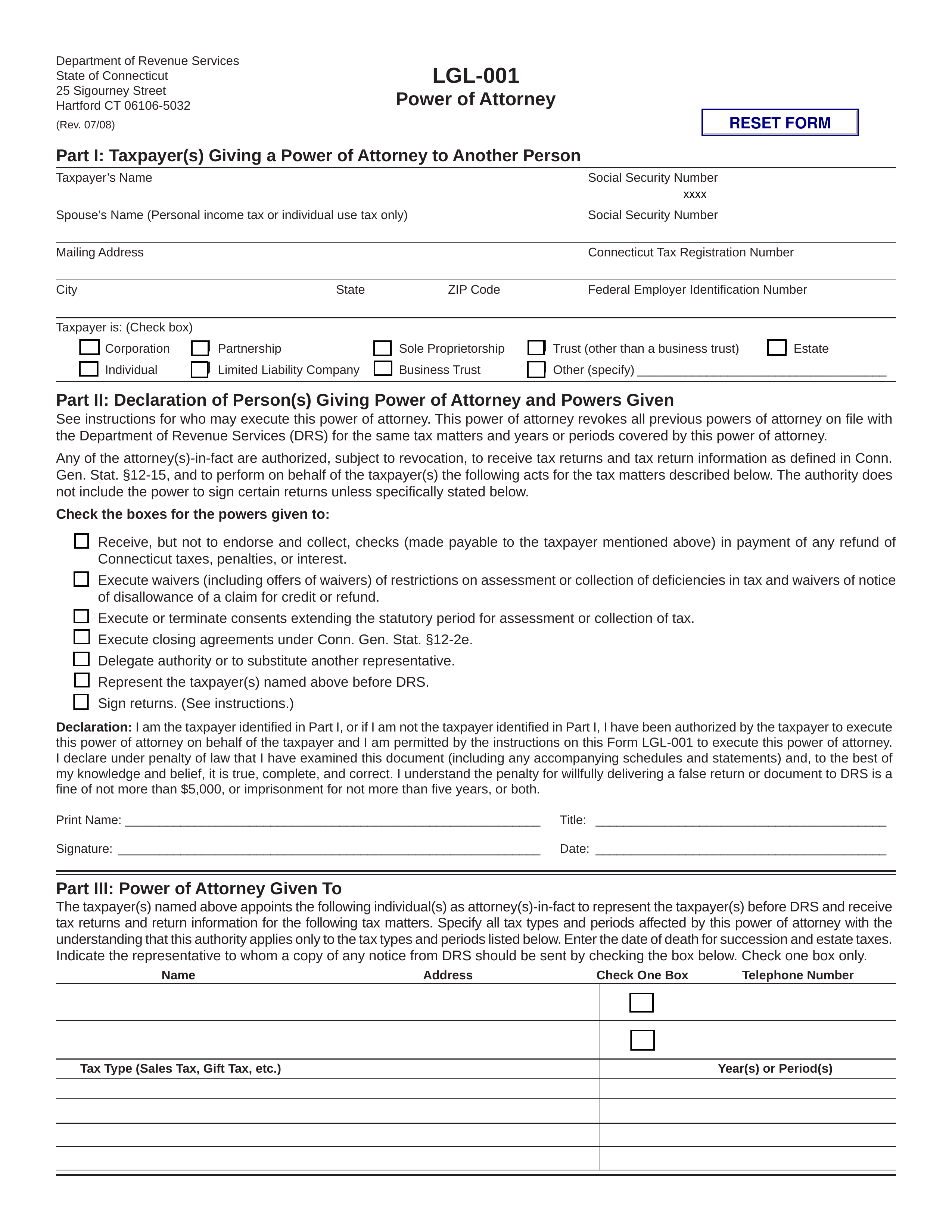 Connecticut Tax Power of Attorney Form (LGL-001)
