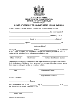 Delaware Motor Vehicle Power of Attorney Form (MV-386)