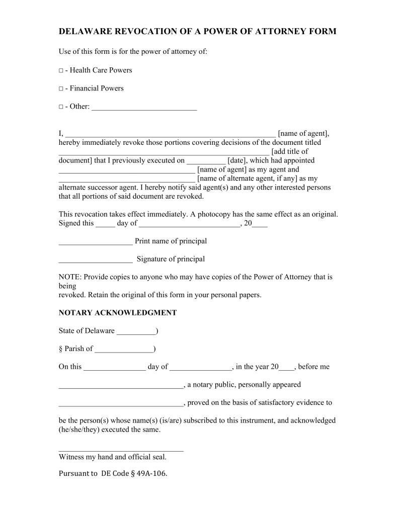 Free Delaware Power of Attorney Revocation Form - Word | PDF | eForms ...