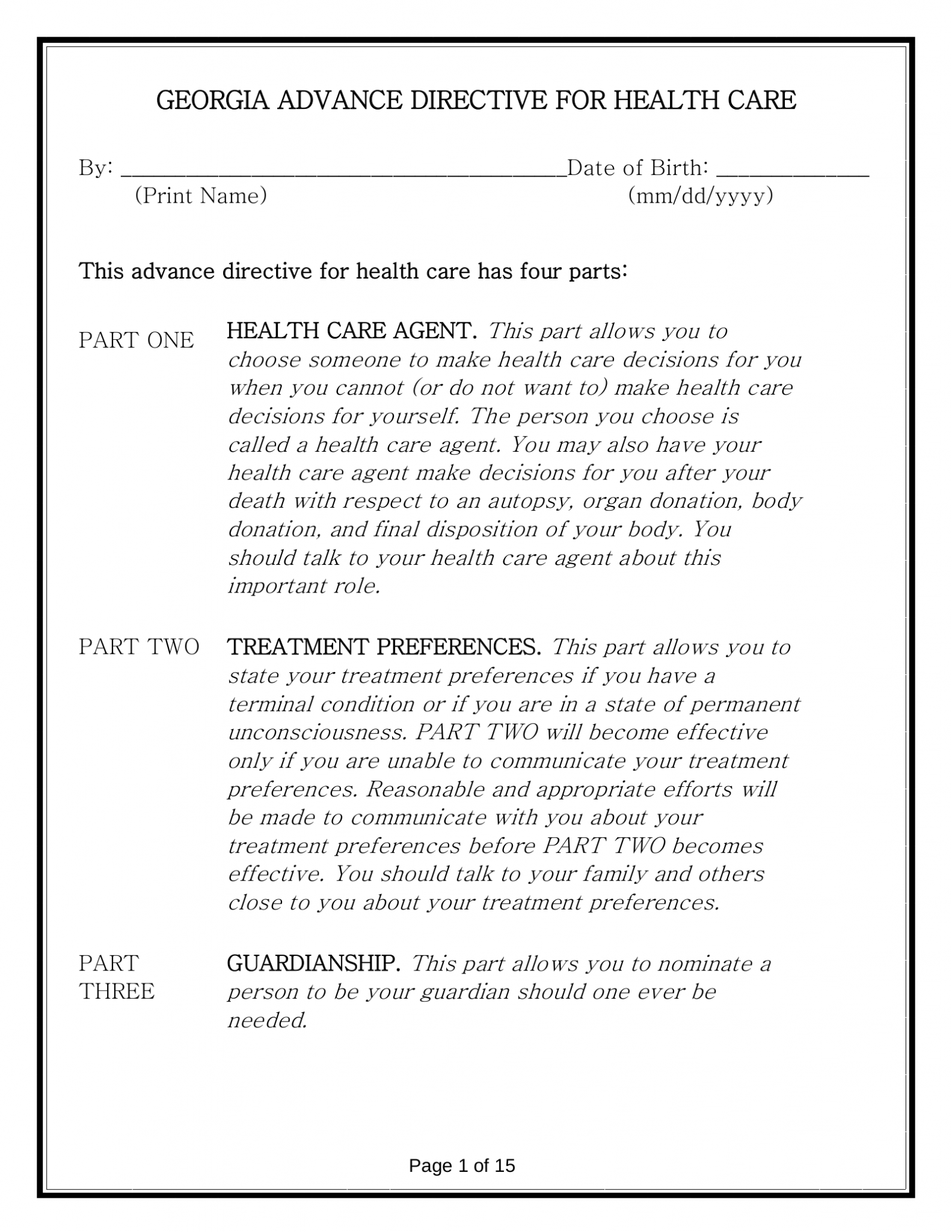 Free Georgia Advance Directive For Health Care Template - PDF – EForms