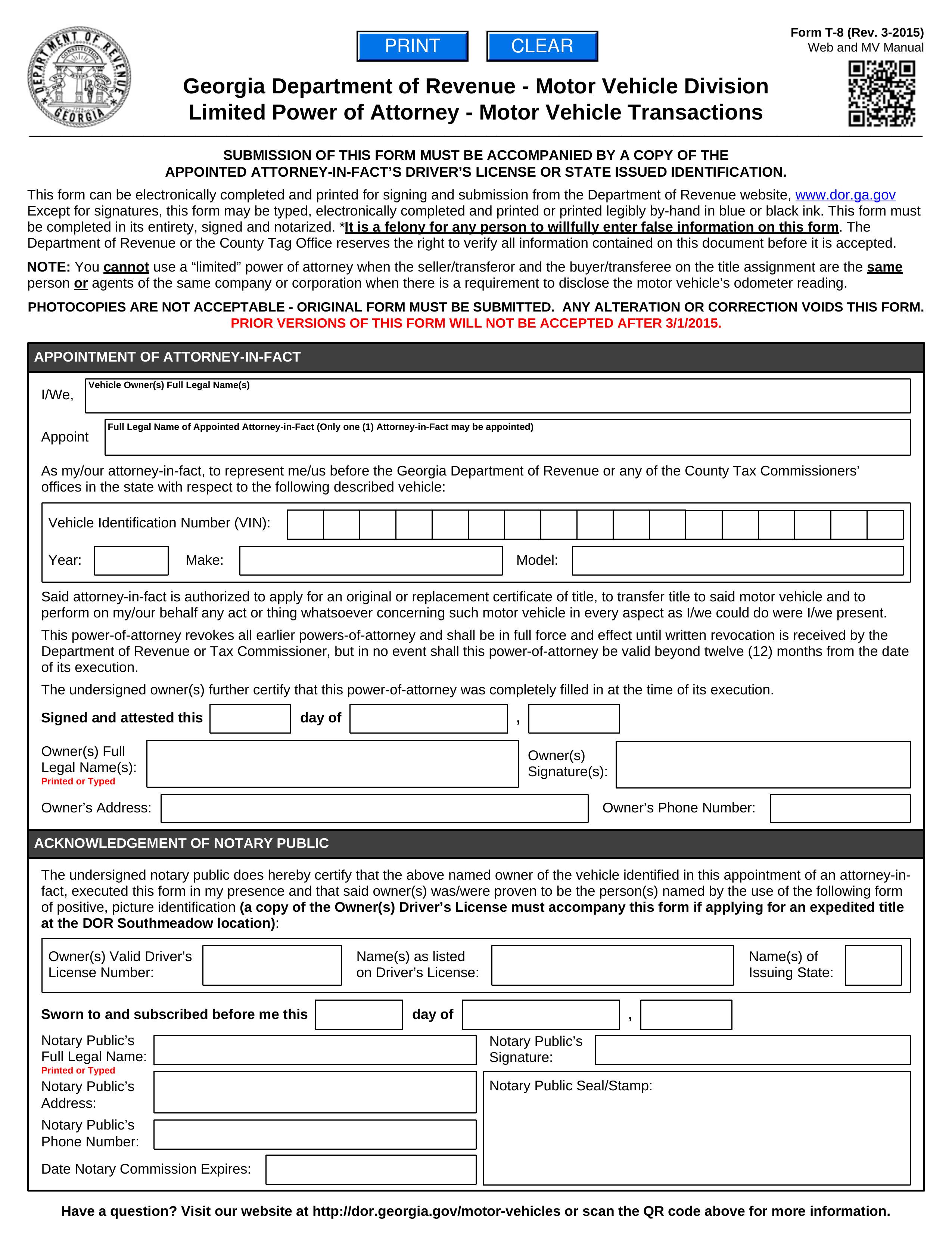 Georgia Motor Vehicle Power of Attorney (Form T-8)