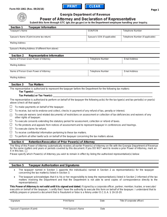 Georgia Tax Power of Attorney (Form RD-1061)