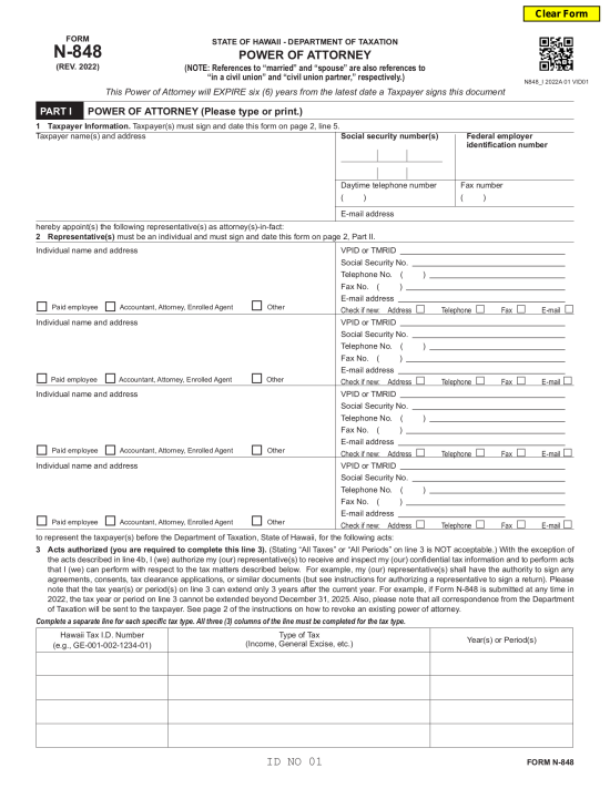 Free Hawaii Tax Power of Attorney (Form N-848) - PDF – eForms