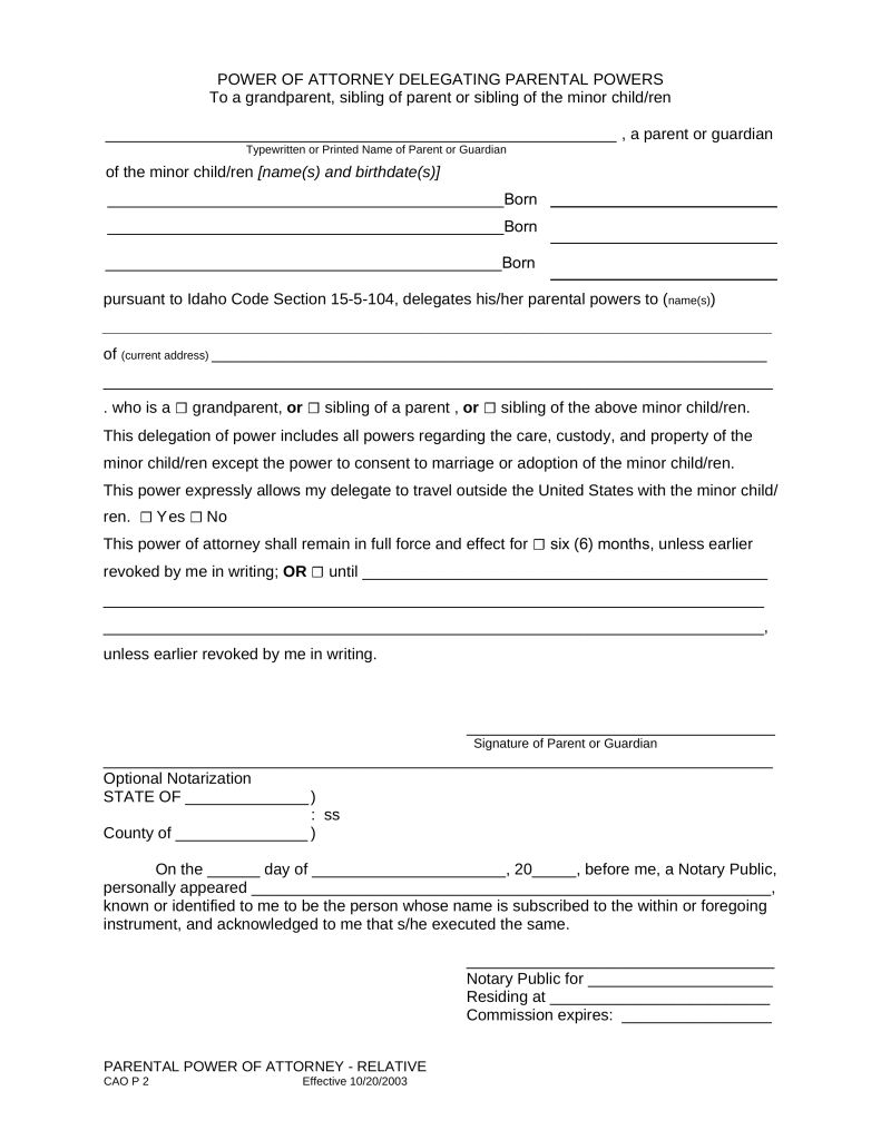 Free Idaho Minor Child (Parental) Power of Attorney Form 