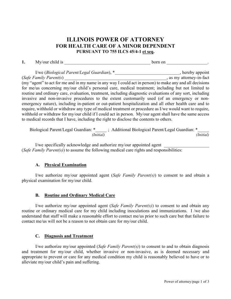 Free Illinois Power of Attorney for Minor Child Form PDF