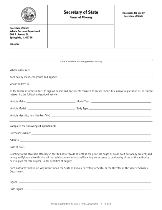 Illinois Vehicle Power of Attorney Form