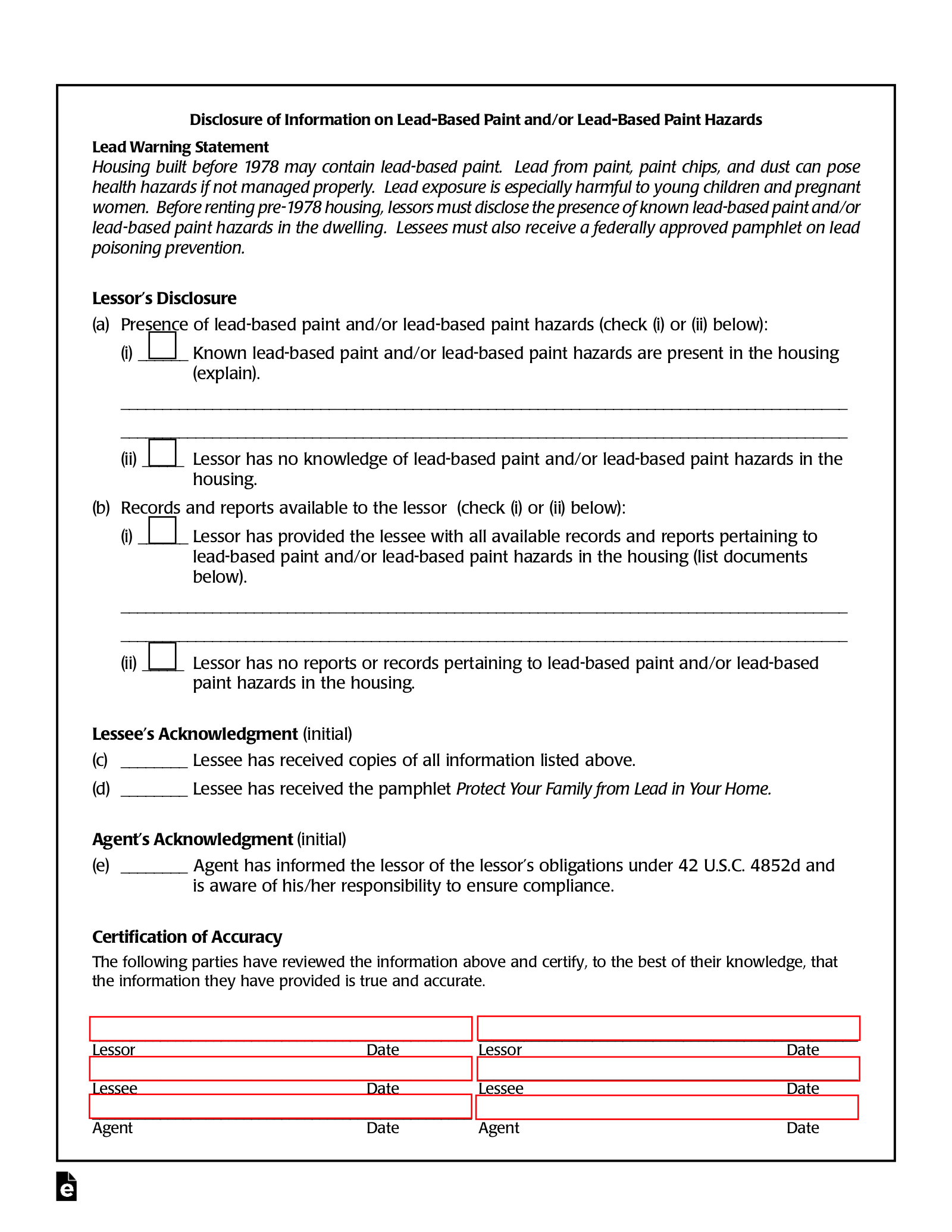 Free Lead Based Paint Disclosure Forms For Sellers Landlords PDF 