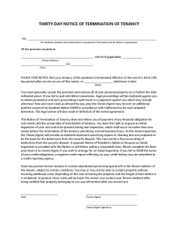 California Lease Termination Letter Form | 30-Day Notice