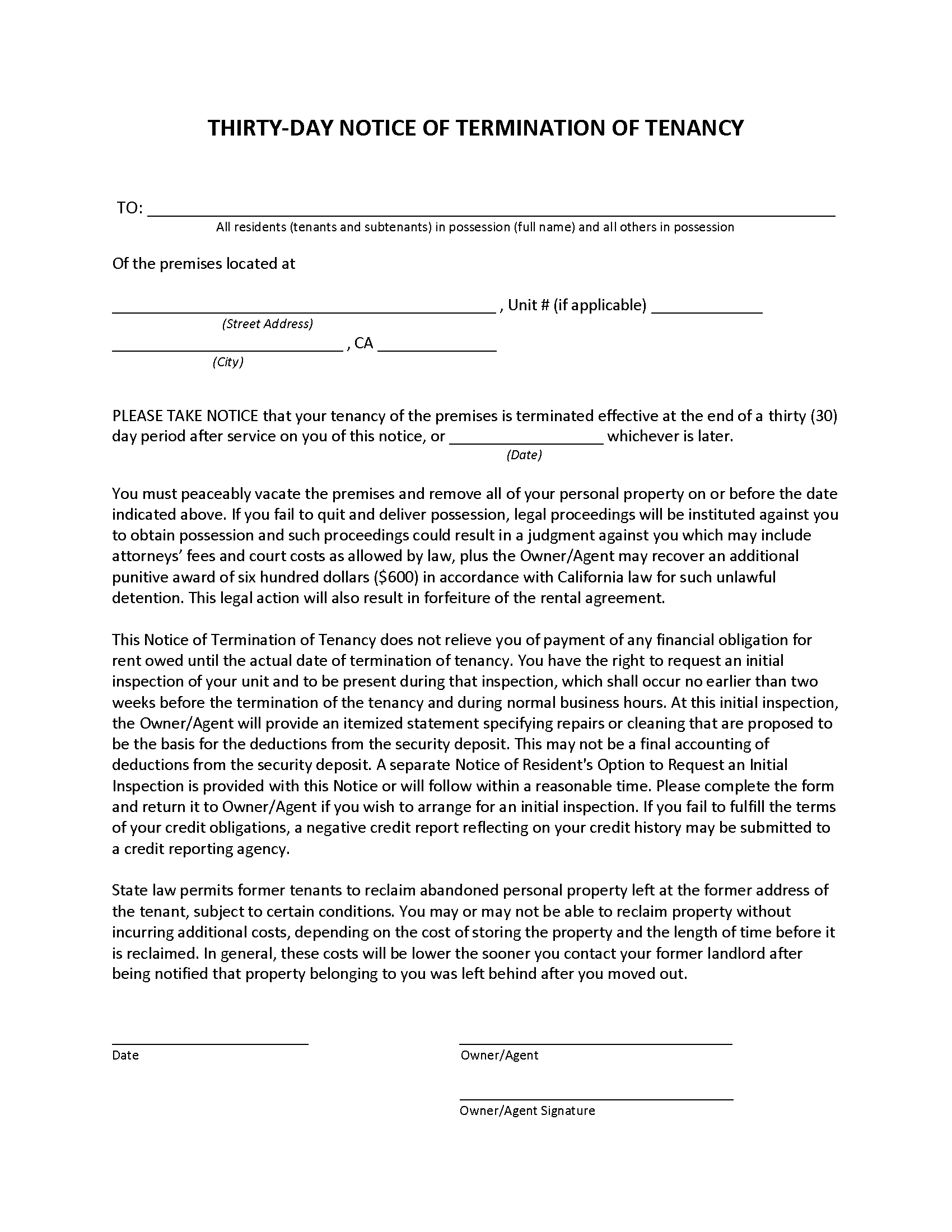 Move Out Notice California Template