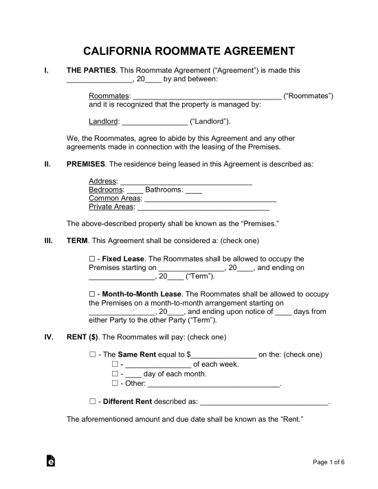 Free California Roommate Agreement Template PDF Word eForms