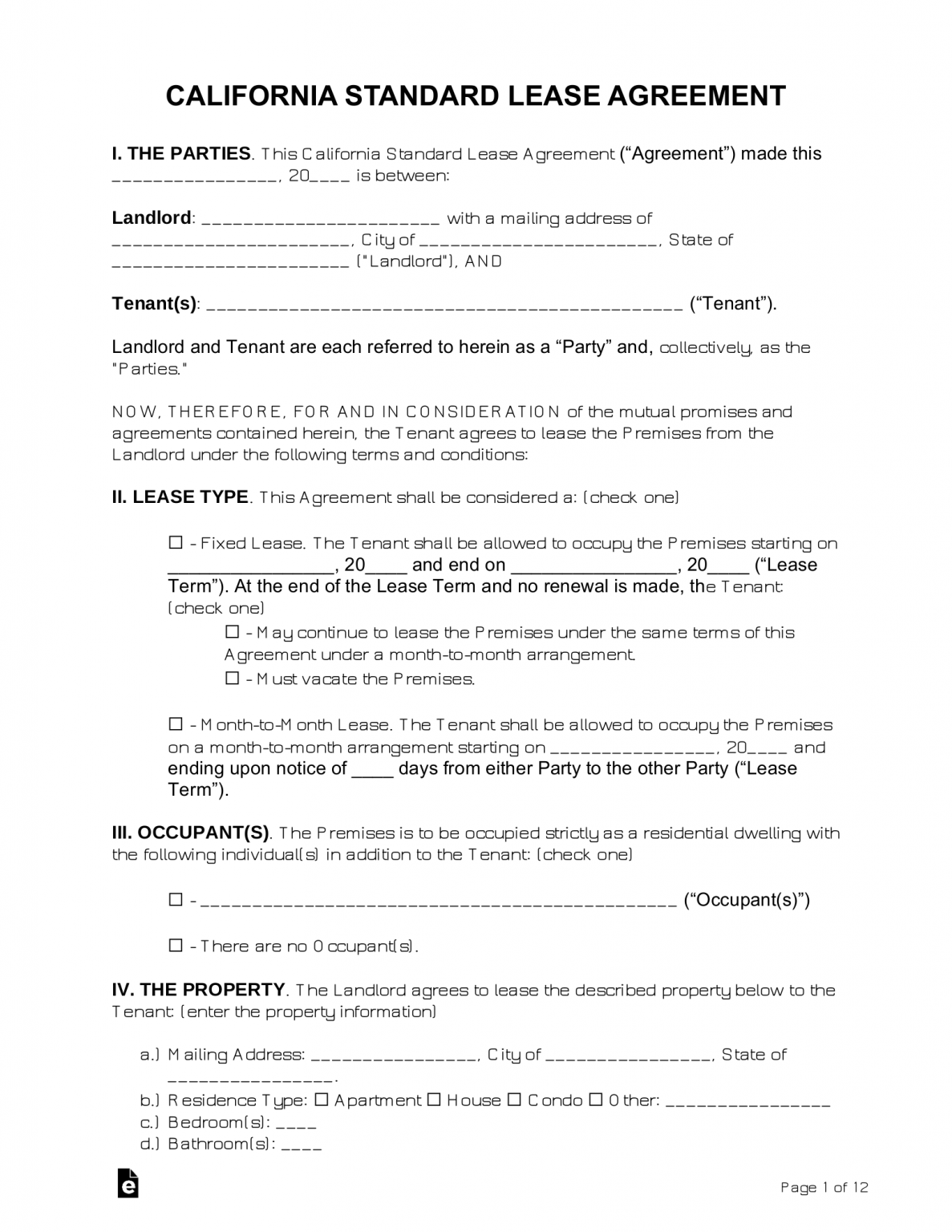 Free California Standard Residential Lease Agreement Template PDF