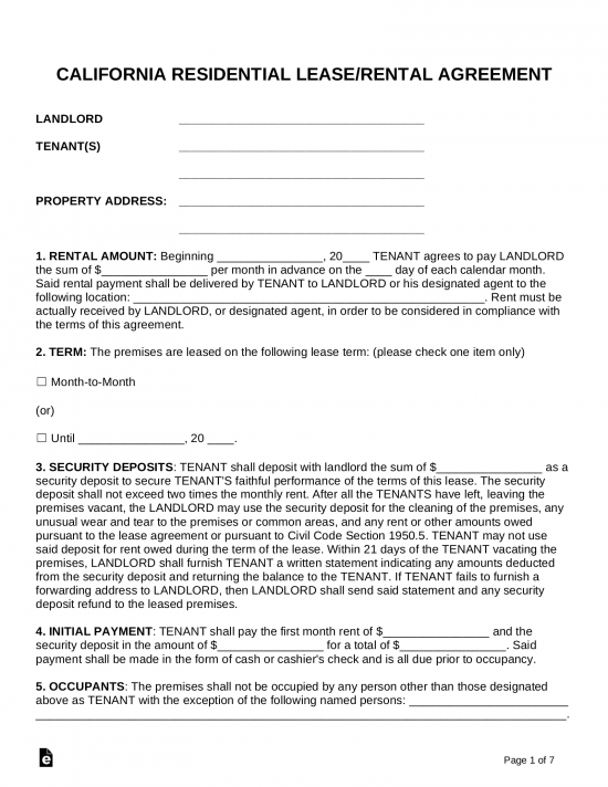 Free California Lease Agreement Templates (6) PDF Word eForms