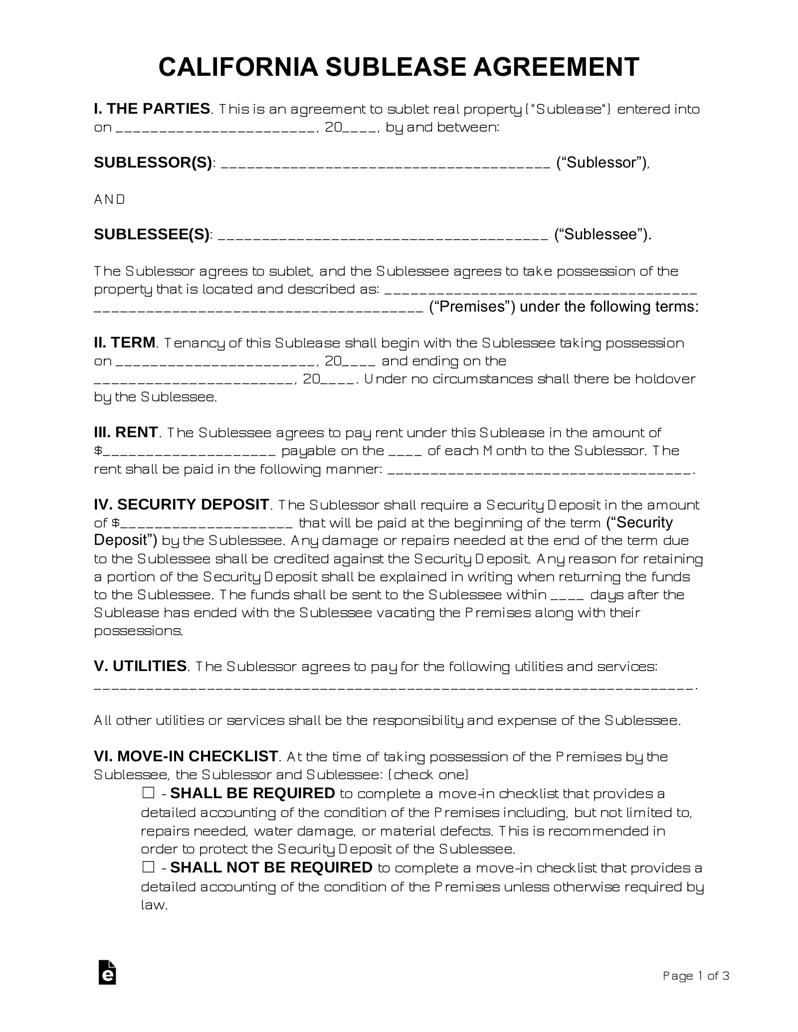 Free California Sublease Agreement Template PDF Word eForms