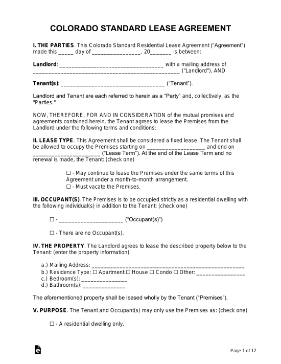 Free Colorado Standard Residential Lease Agreement PDF Word eForms