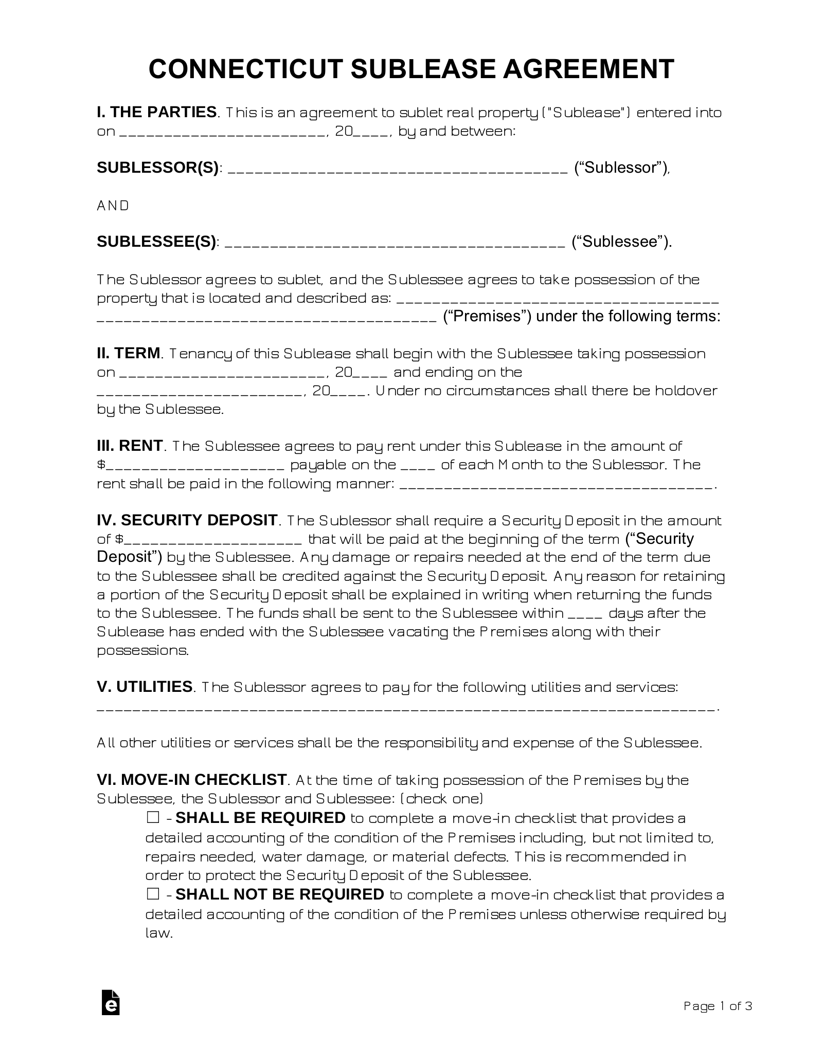 Connecticut Sublease Agreement Template