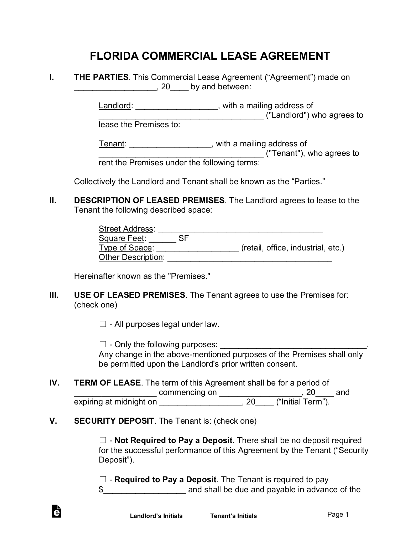 Florida Commercial Lease Agreement Template