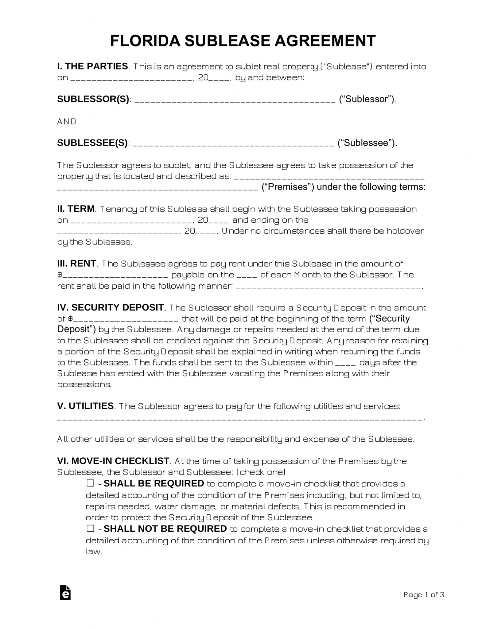 Free Florida Sublease Agreement Template PDF Word eForms