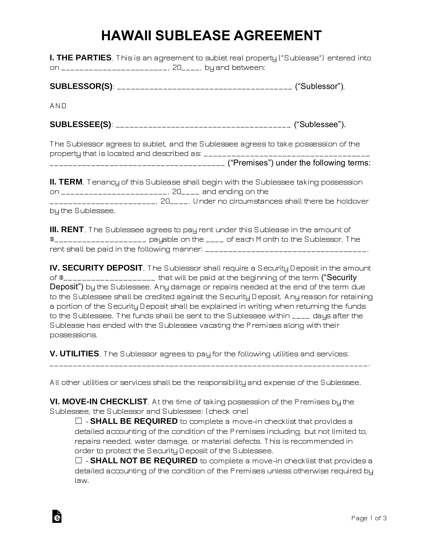 Hawaii Sublease Agreement Template