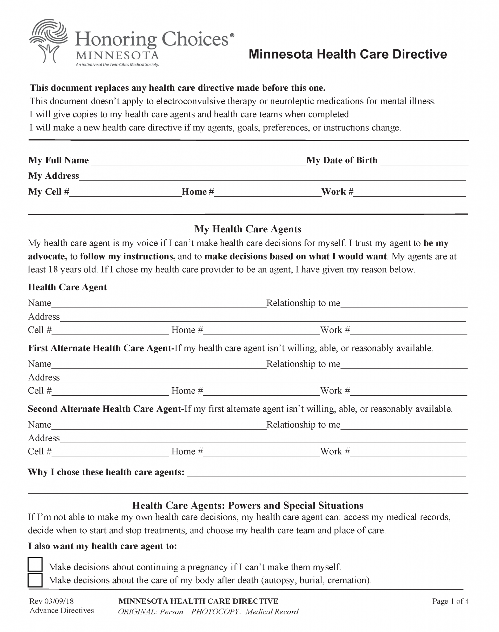 Free Minnesota Advance Directive Form Template PDF Word EForms   Honoring Choices Minnesota Health Care Directive 1617x2048 