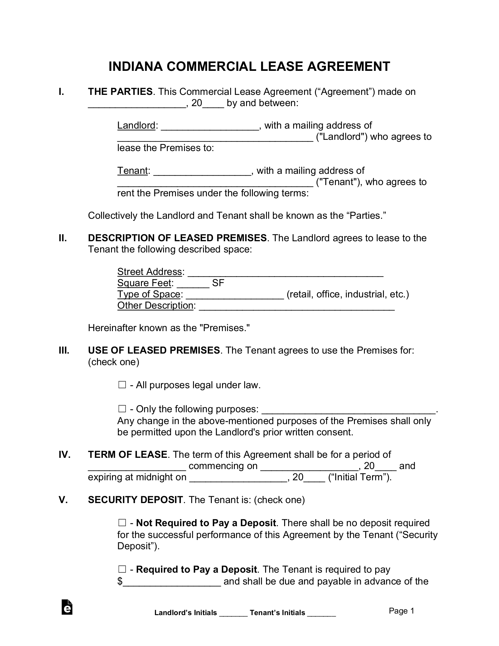 Indiana Commercial Lease Agreement Template