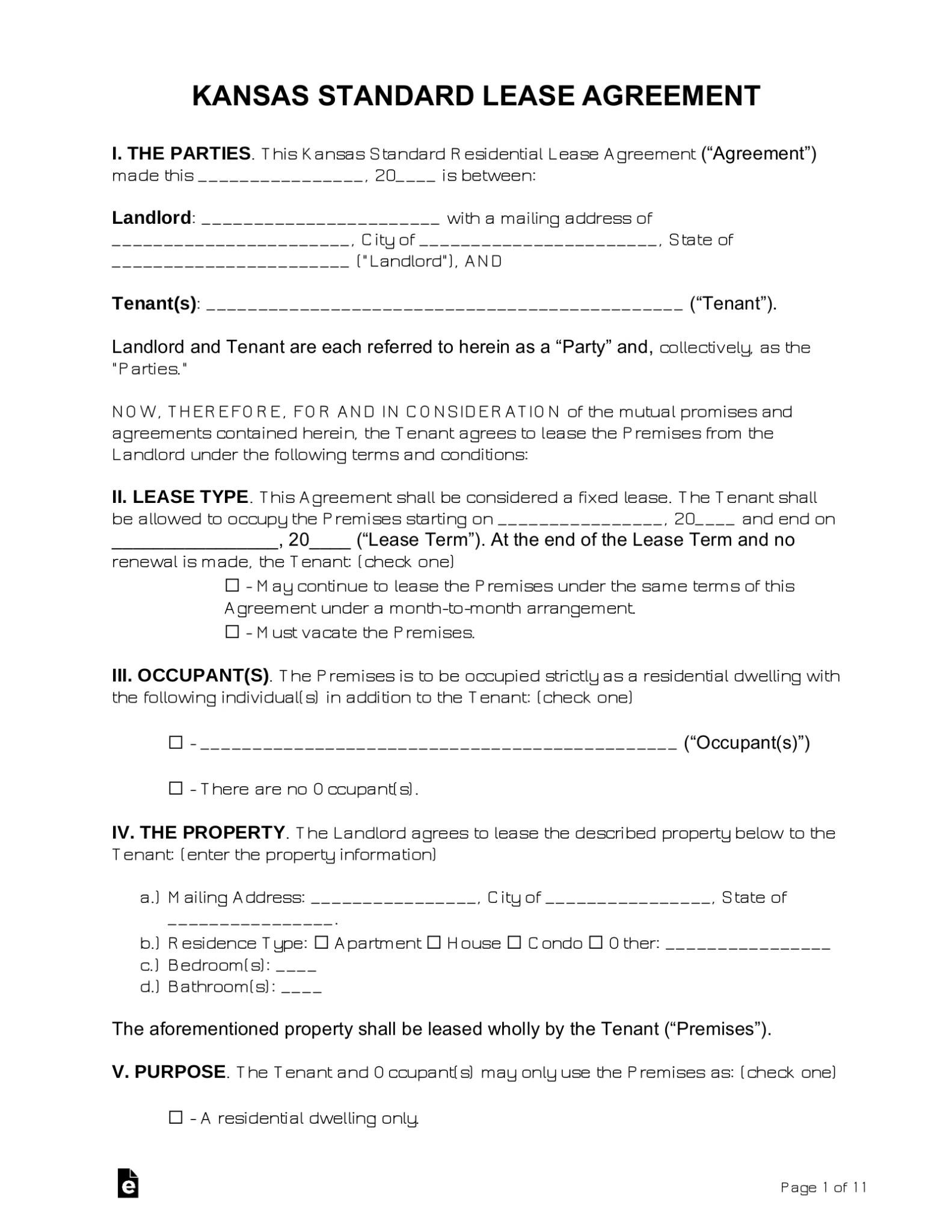 Free Kansas Standard Residential Lease Agreement PDF Word EForms