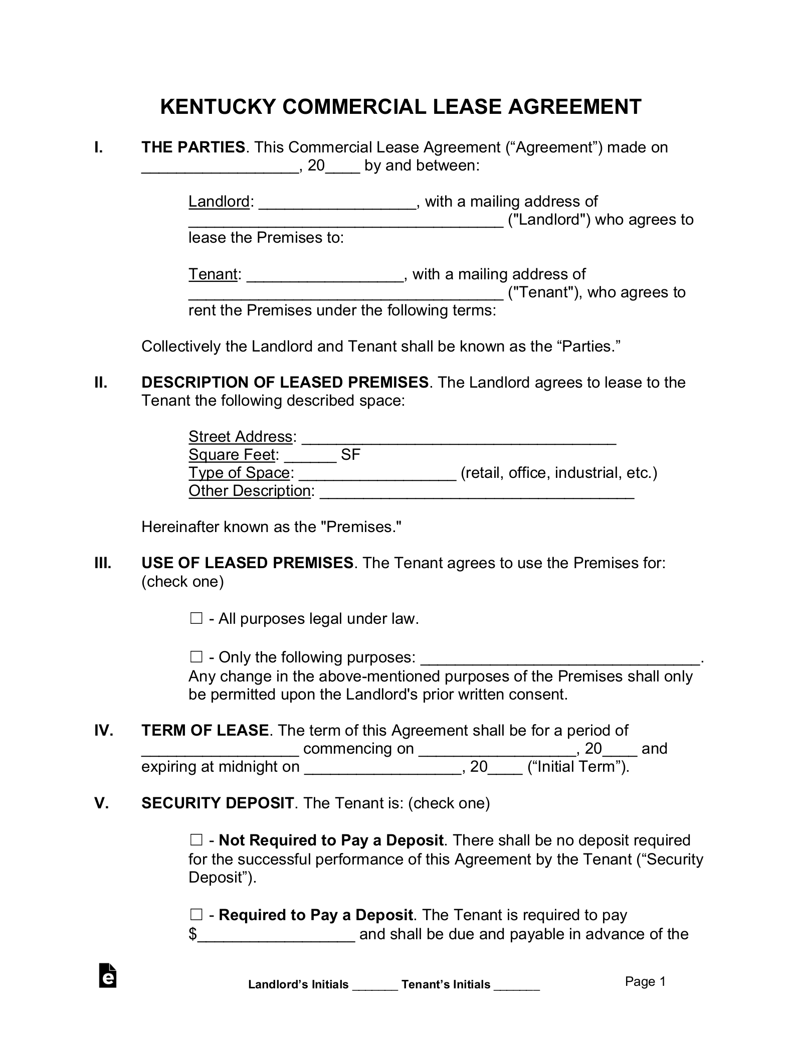 Kentucky Commercial Lease Agreement Template