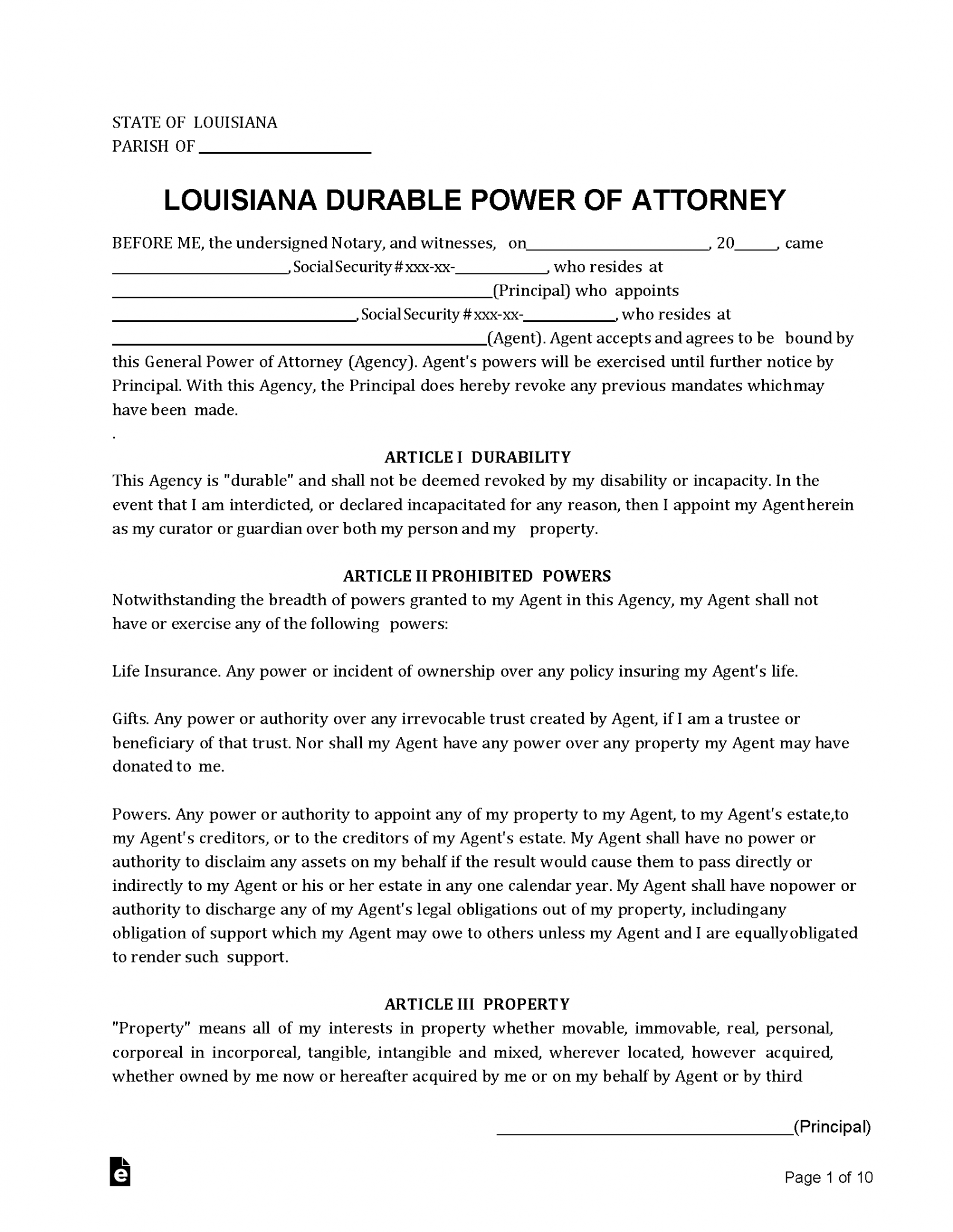 Free Louisiana Durable (Financial) Power of Attorney Form PDF Word