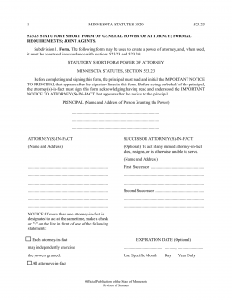 Minnesota Durable (Statutory) Power of Attorney Form