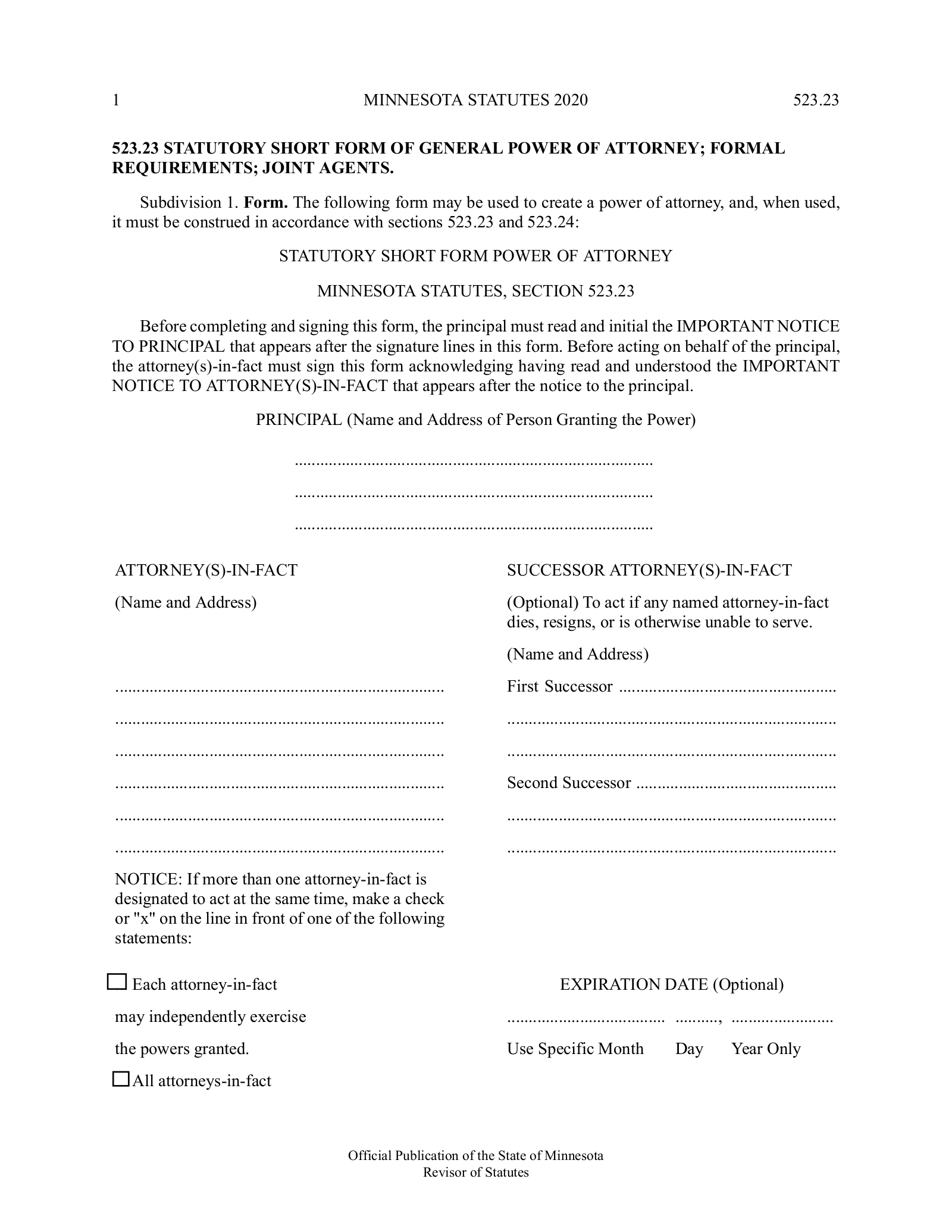 Minnesota Durable (Statutory) Power of Attorney Form