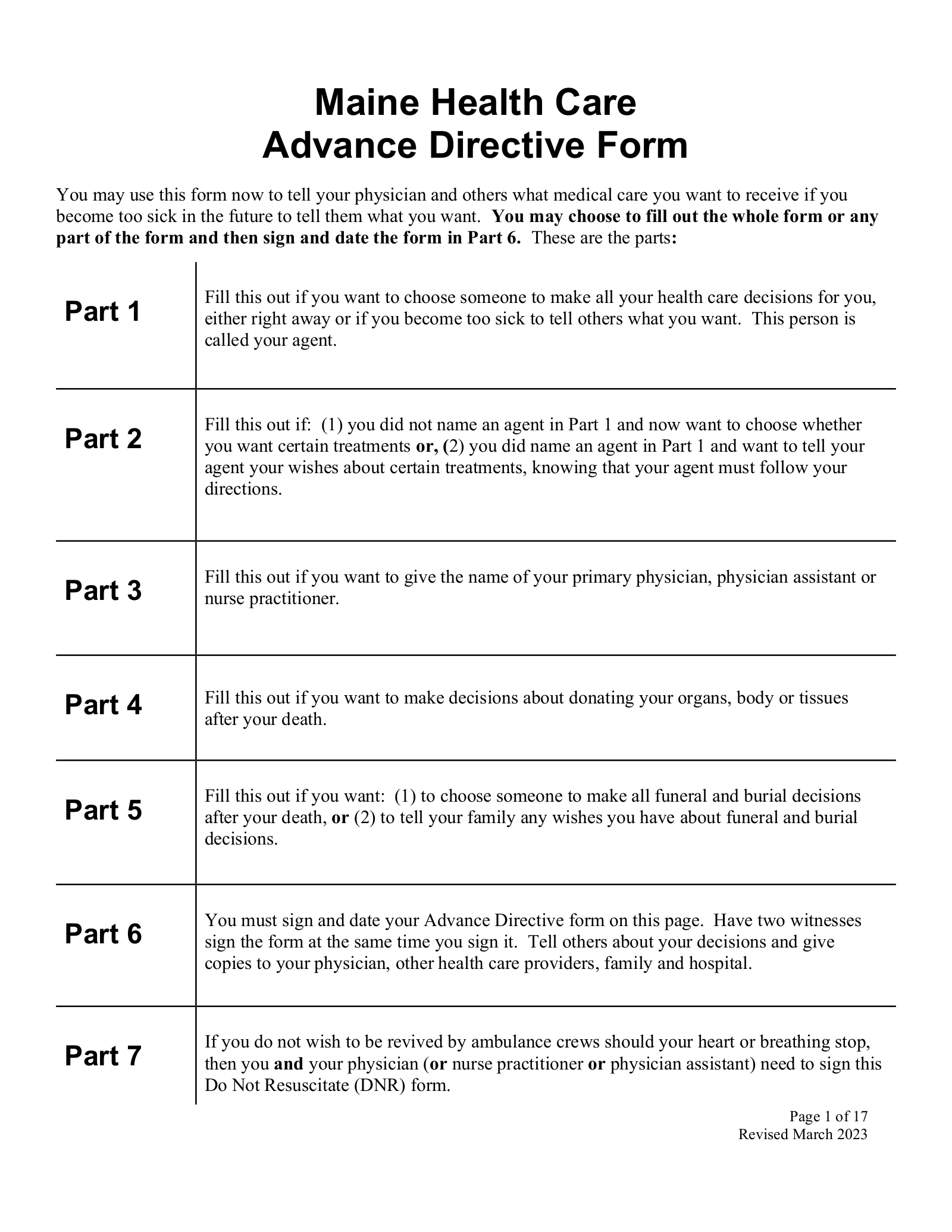 Maine Health Care Advance Directive