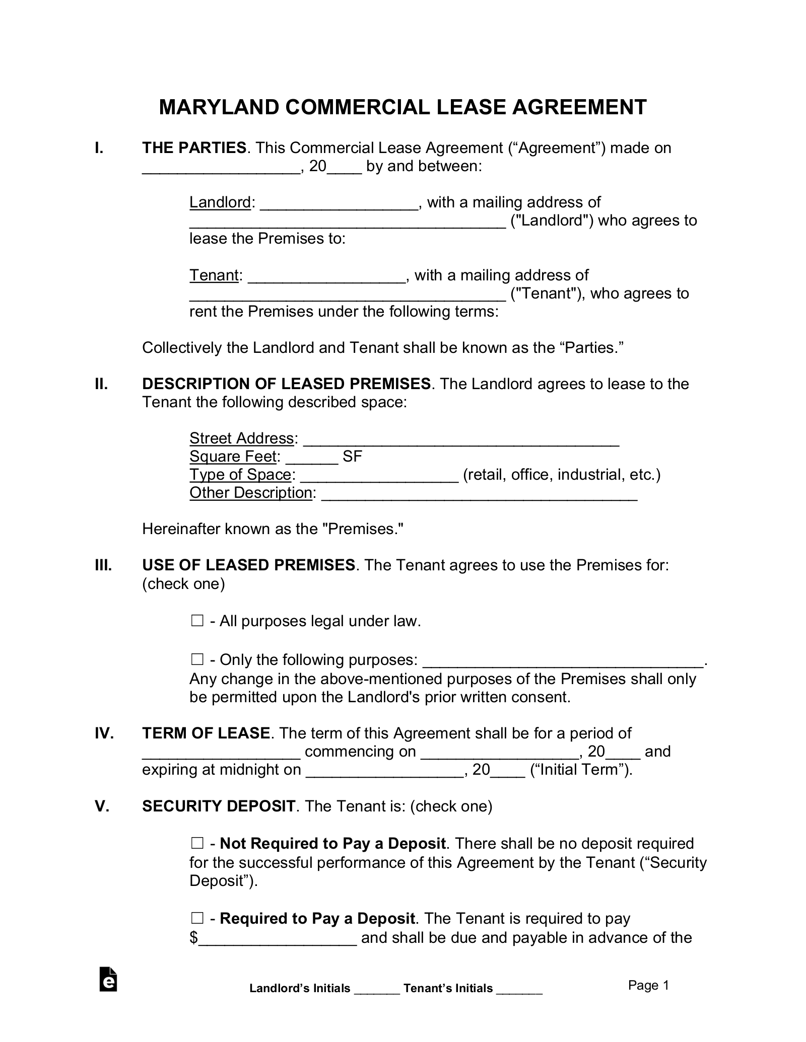 Maryland Commercial Lease Agreement Template