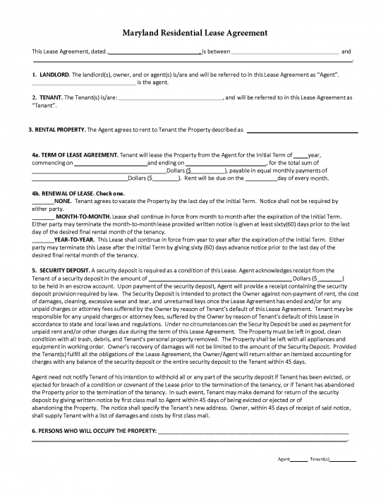 Free Maryland Standard Residential Lease Agreement - PDF | Word – eForms