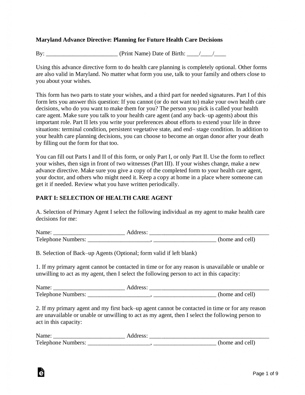 Free Maryland Advance Directive Form Word PDF EForms