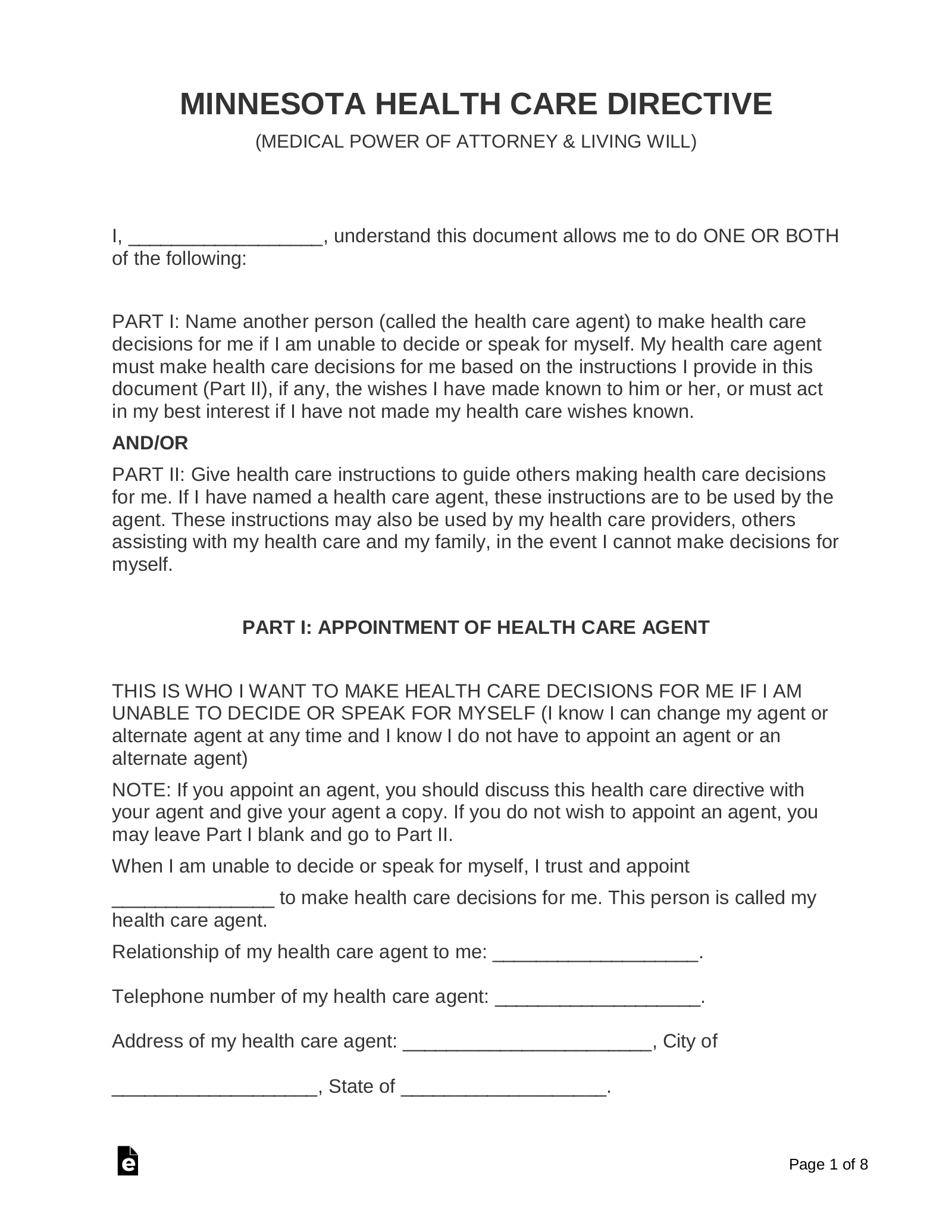 Free Minnesota Advance Directive Form Pdf Word Eforms