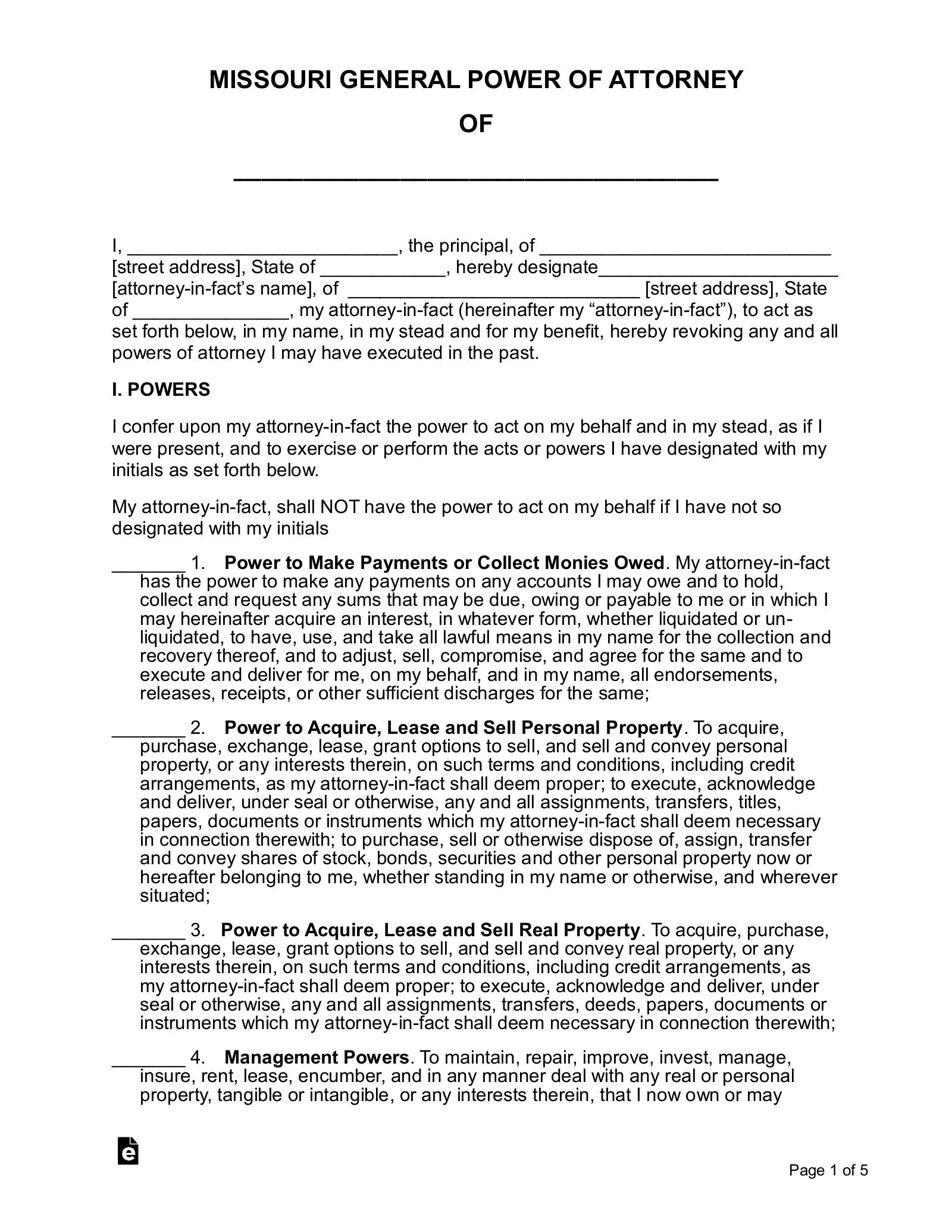 Free Printable Durable Power Of Attorney Form Missouri