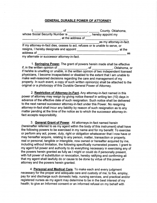 Free Oklahoma Durable Financial Power Of Attorney Form PDF Word