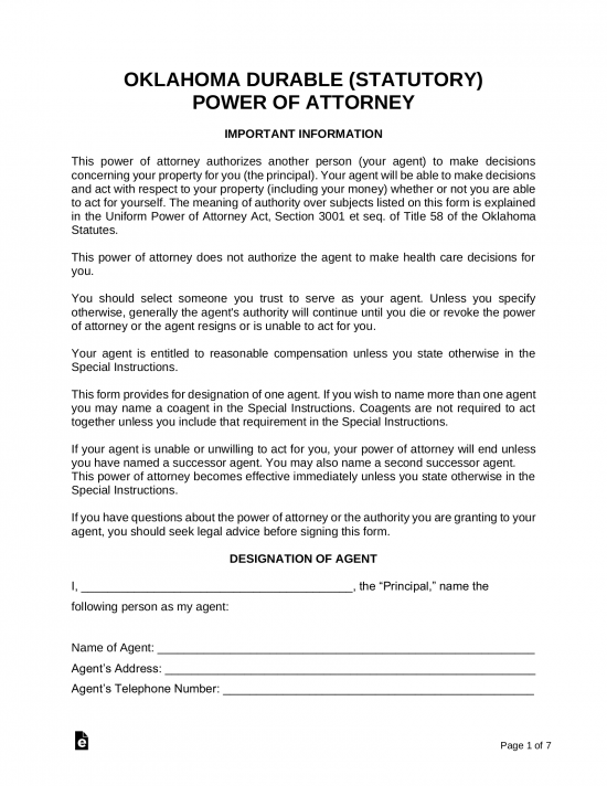 Oklahoma Springing Power of Attorney