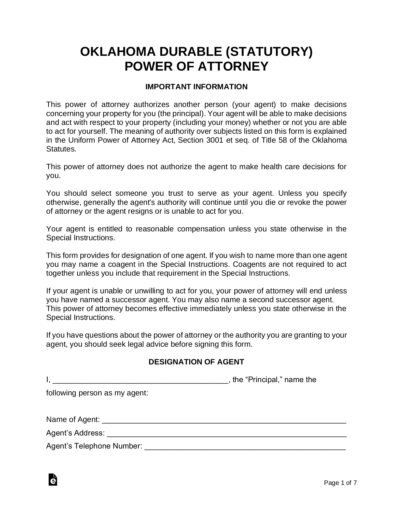 Oklahoma Durable (Financial) Power of Attorney Form