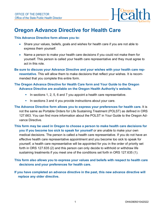 Oregon Advance Directive Form