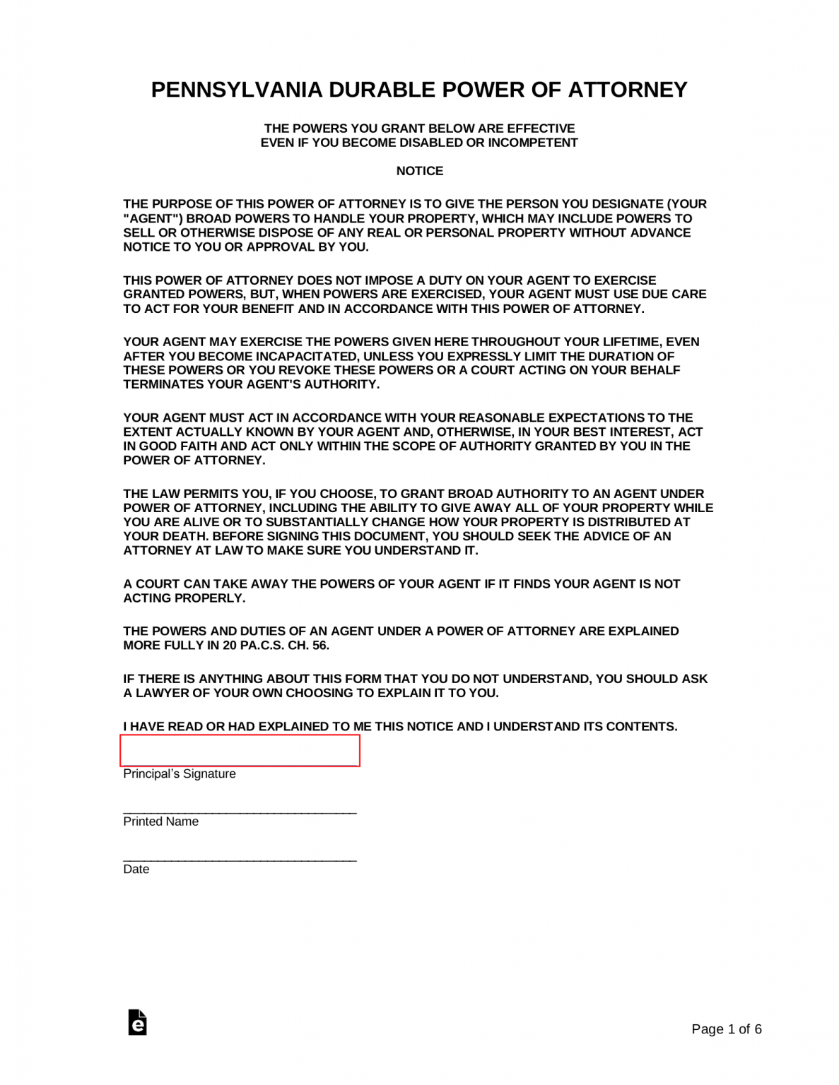 Free Printable Durable Power Of Attorney Form Pa