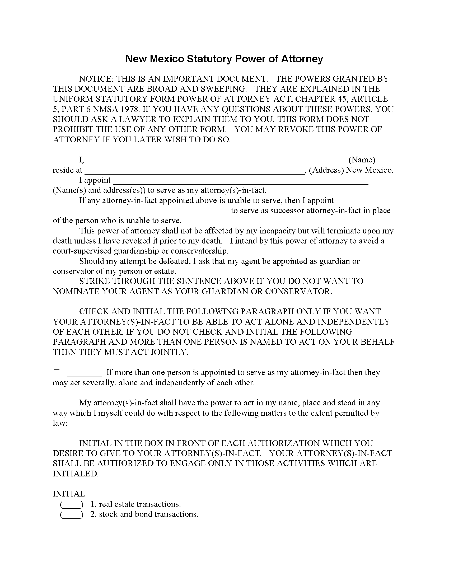 Free New Mexico Durable (Statutory) Power of Attorney Form PDF Word eForms