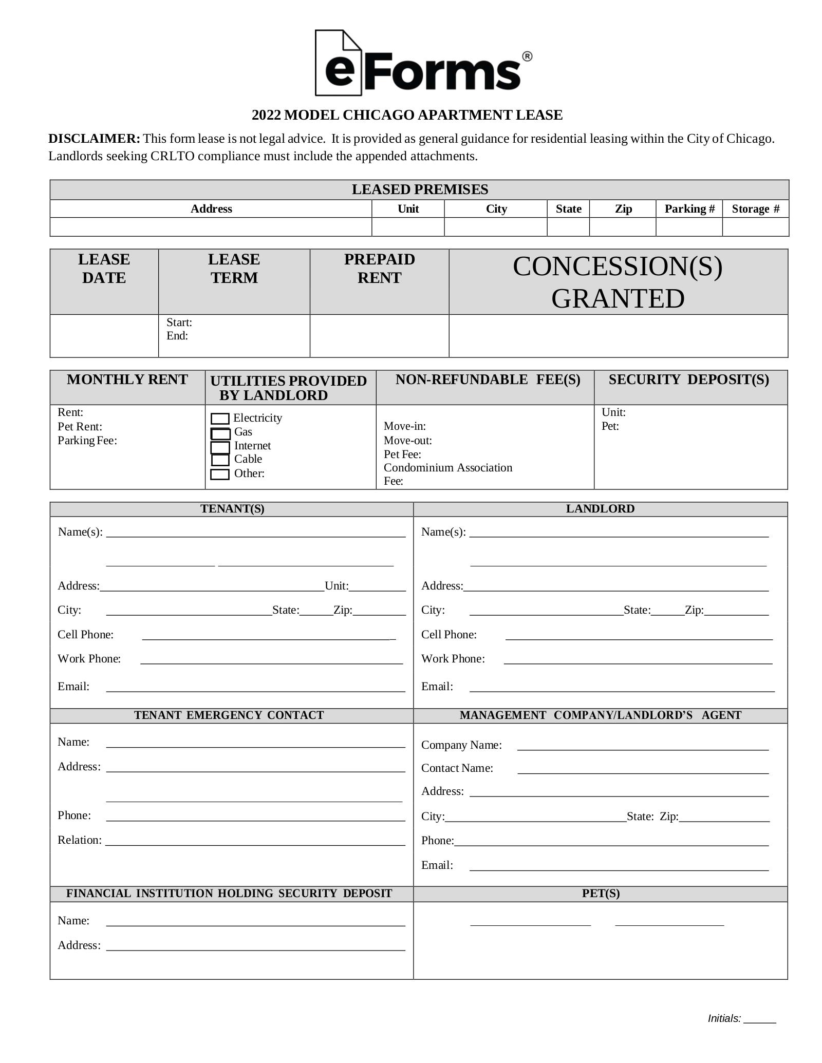 Free Illinois (Chicago Only) Residential Lease Agreement Template - PDF