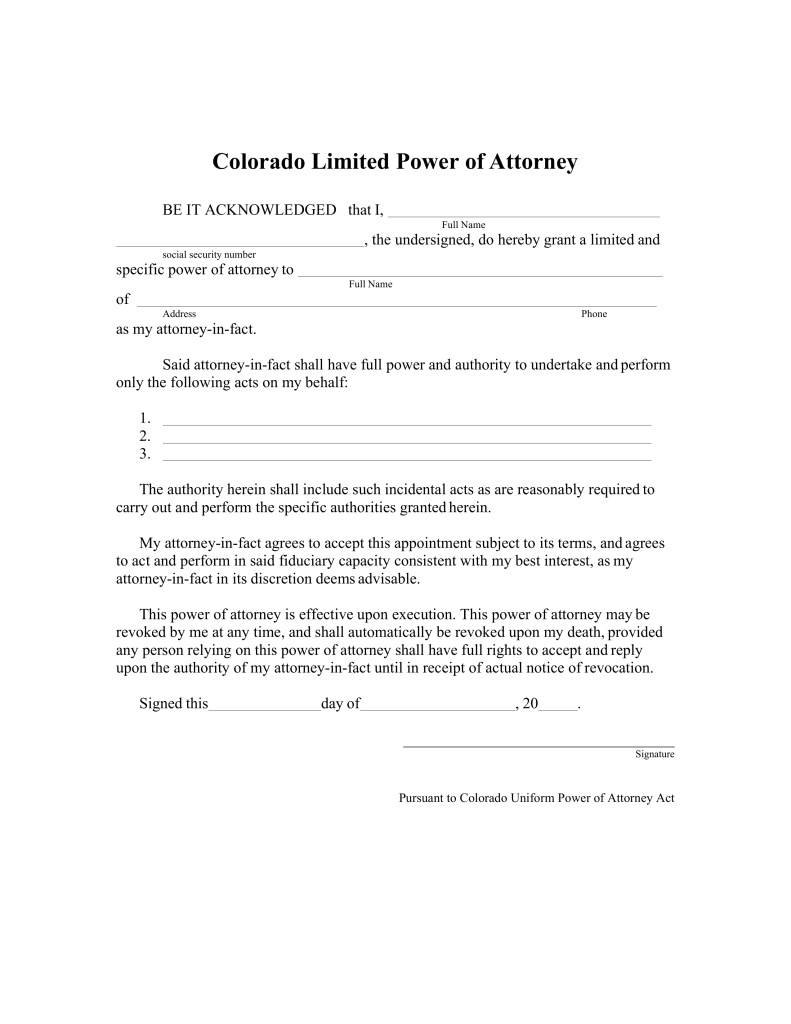 Free Colorado Limited Power of Attorney Form Word PDF eForms