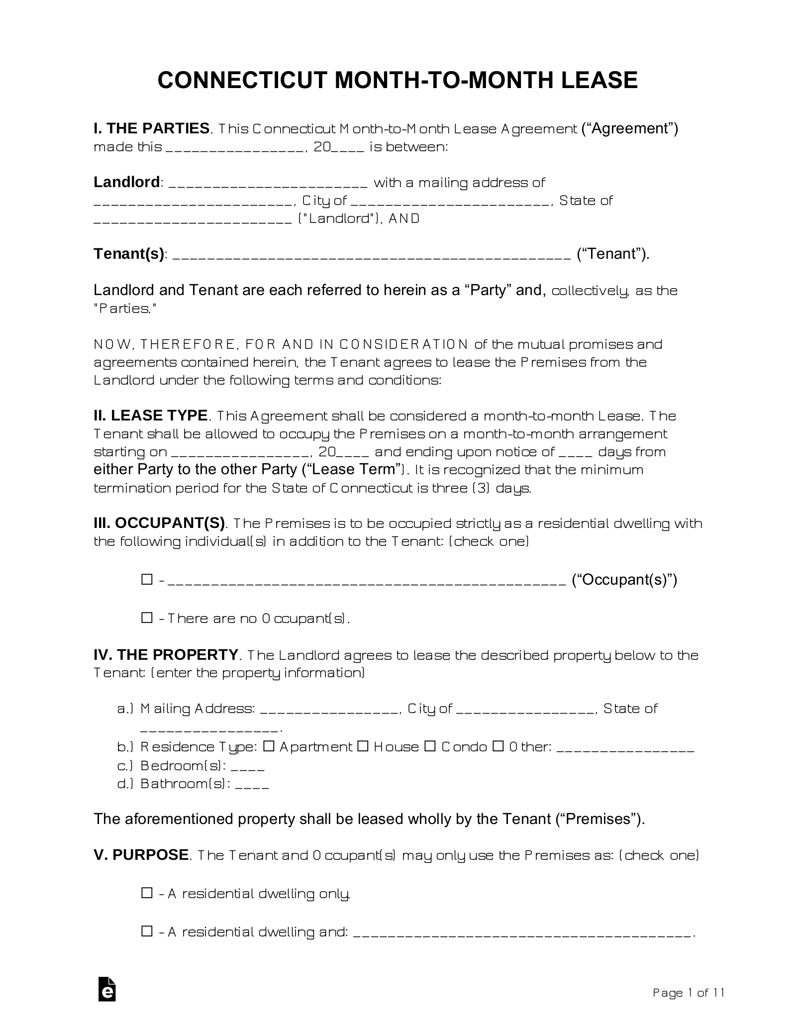 Connecticut Month-to-Month Rental Agreement Form