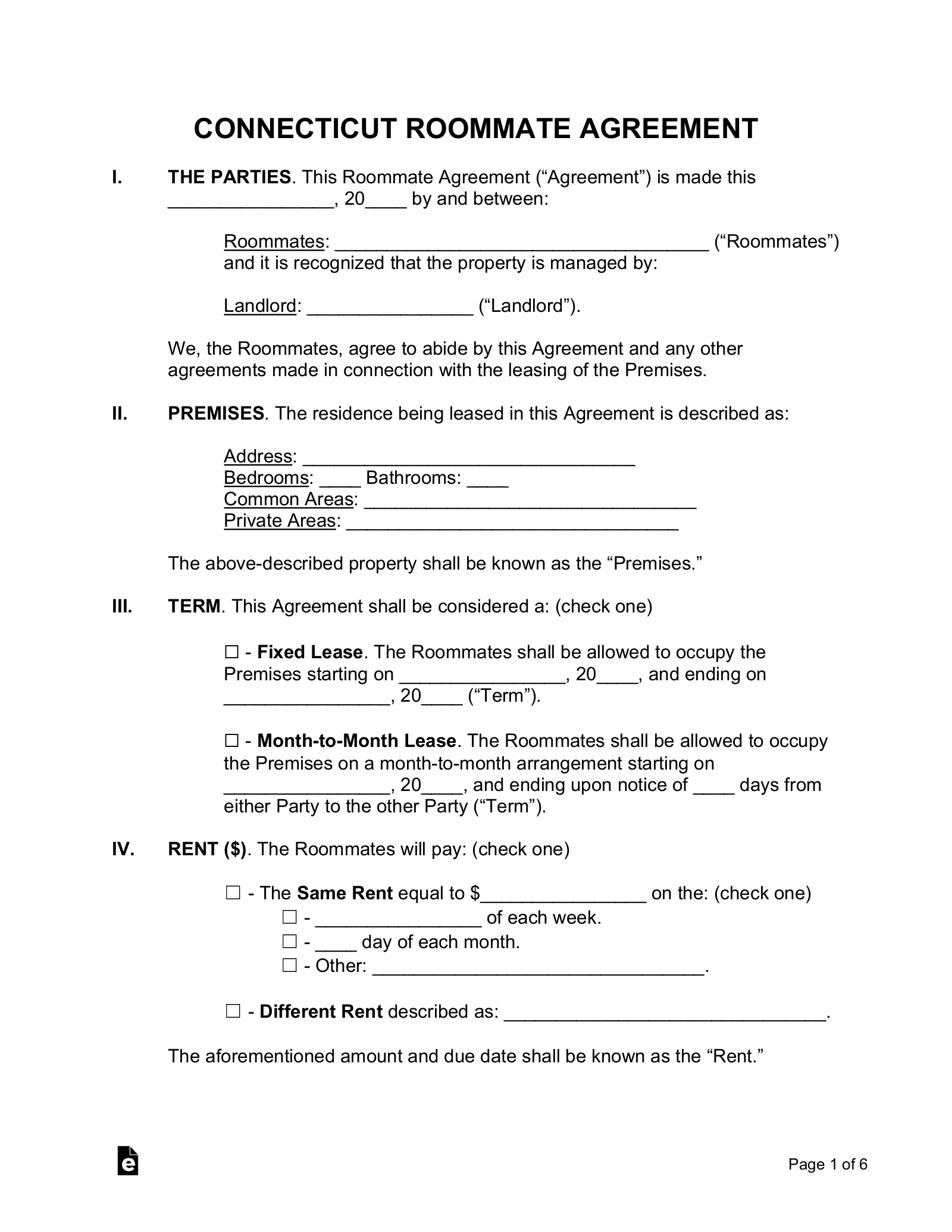 Connecticut Roommate Agreement Template