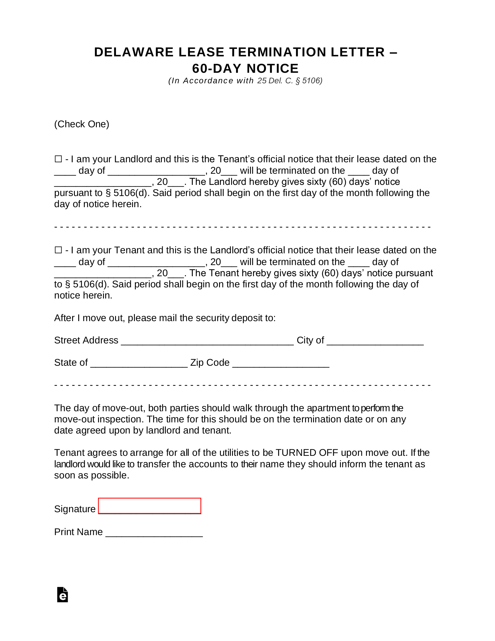 Delaware Lease Termination Letter Form – 60 Day Notice