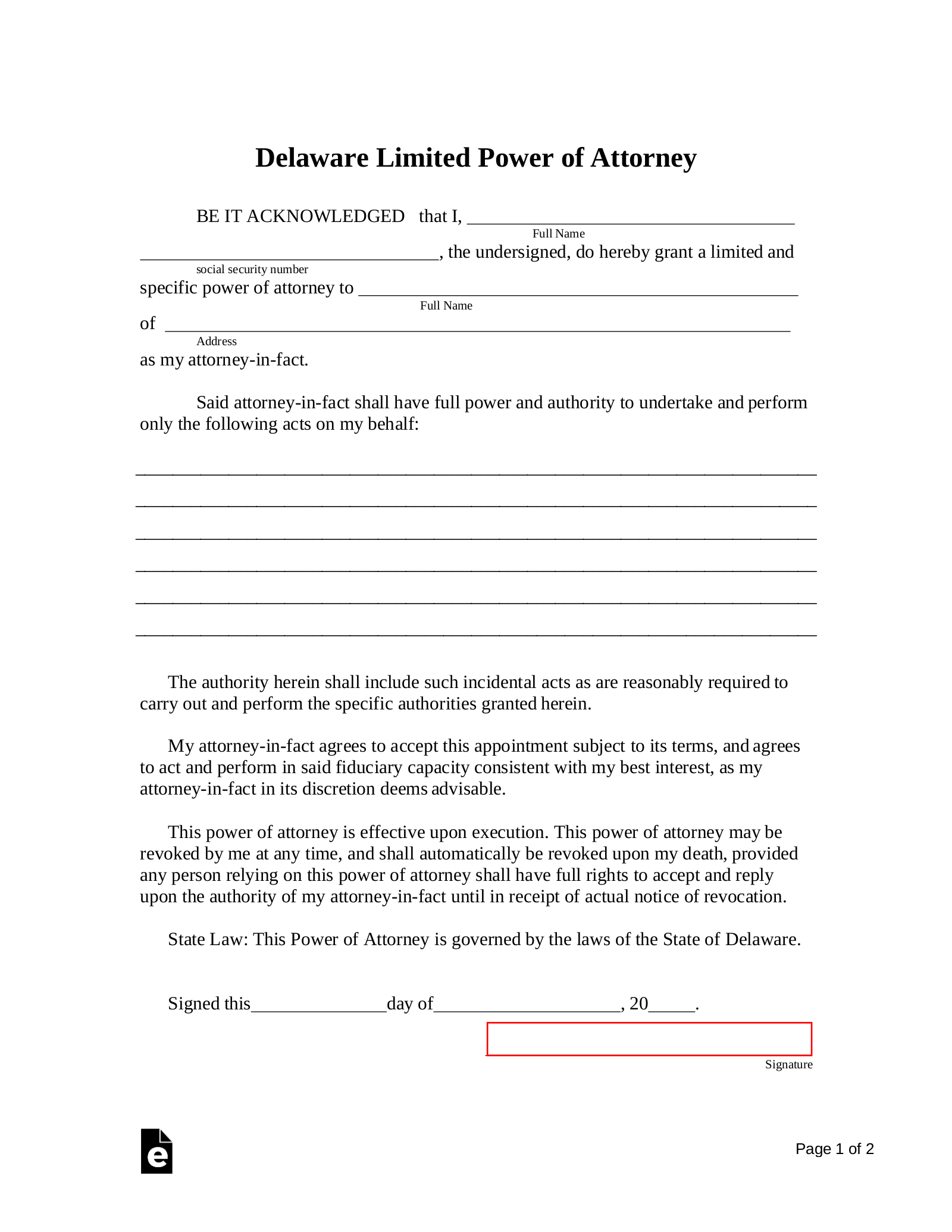 Delaware Limited Power of Attorney